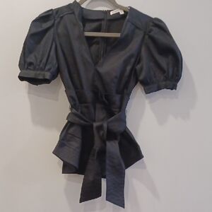 Veronica Beard Black Faux Leather Puff Sleeve Wrap Top